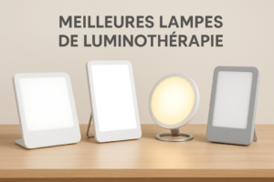 Comparatif de quatre lampes de luminothérapie modernes et design, avec intensité de 10 000 lux, idéales pour combattre la fatigue saisonnière et améliorer le bien-être hivernal.