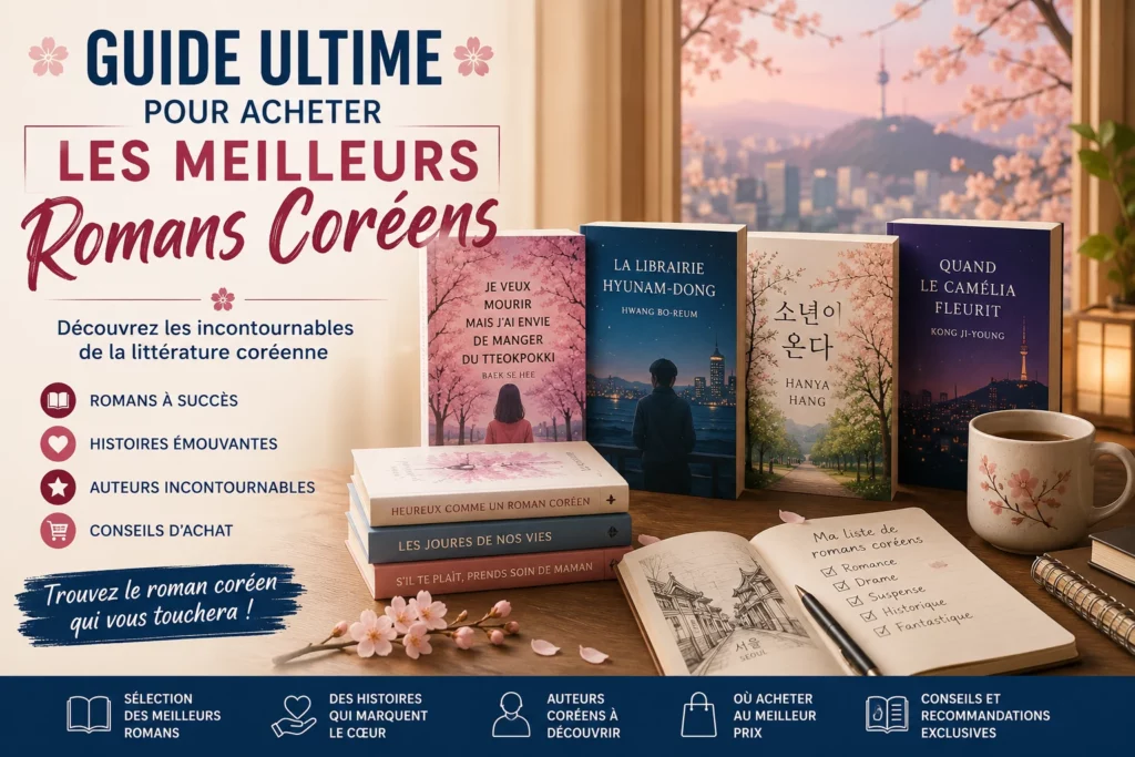 Guide ultime pour acheter les meilleurs romans coréens avec sélection de livres, ambiance lecture et décor inspiré de la Corée