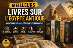Sélection des meilleurs livres sur l’Égypte antique avec pyramides, sphinx, pharaons et symboles égyptiens