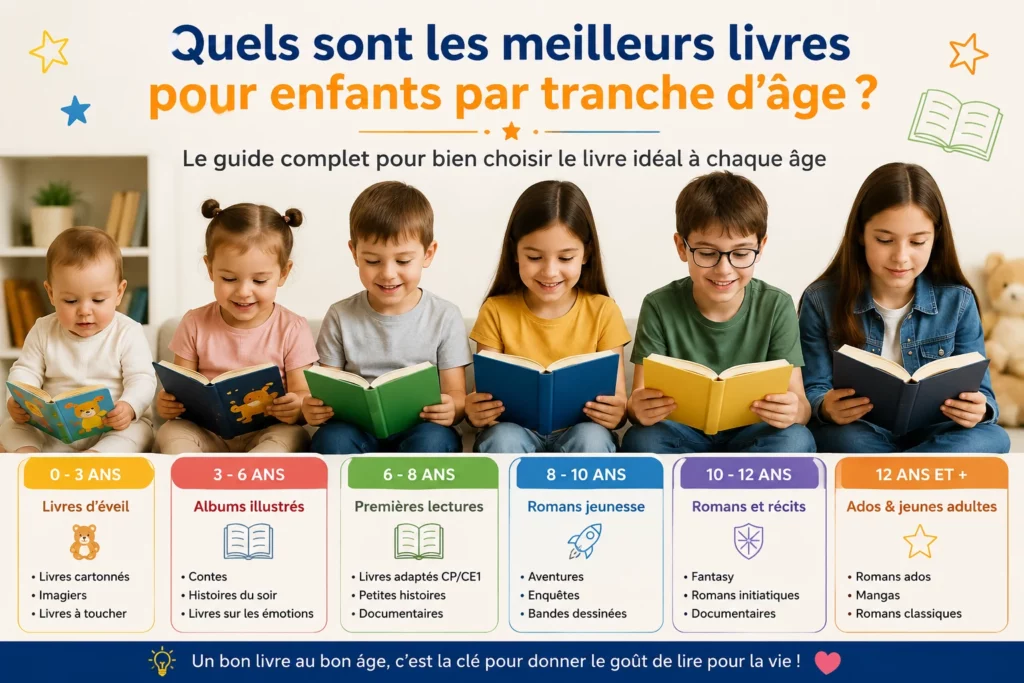 Meilleurs livres pour enfants par tranche d’âge avec bébé, enfants et préados lisant des livres adaptés