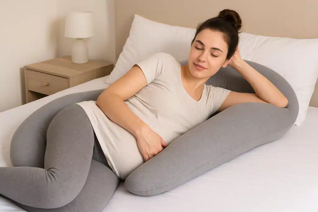 Jeune femme enceinte brune avec un chignon utilisant un coussin de grossesse en forme de U dans une chambre lumineuse