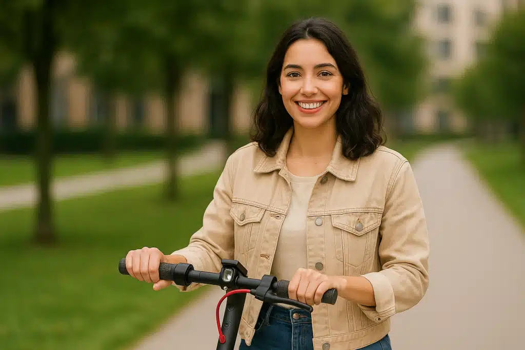 jeune-femme-brune-trottinette-Electrique-souriante-parc-urbain