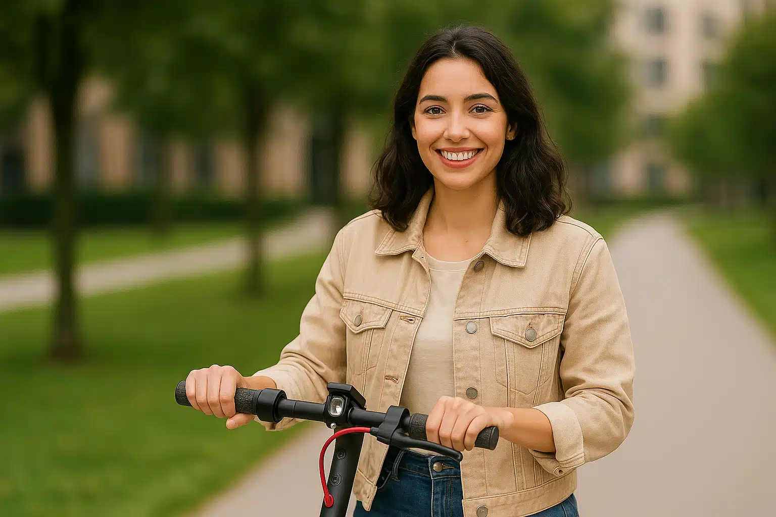 jeune-femme-brune-trottinette-Electrique-souriante-parc-urbain