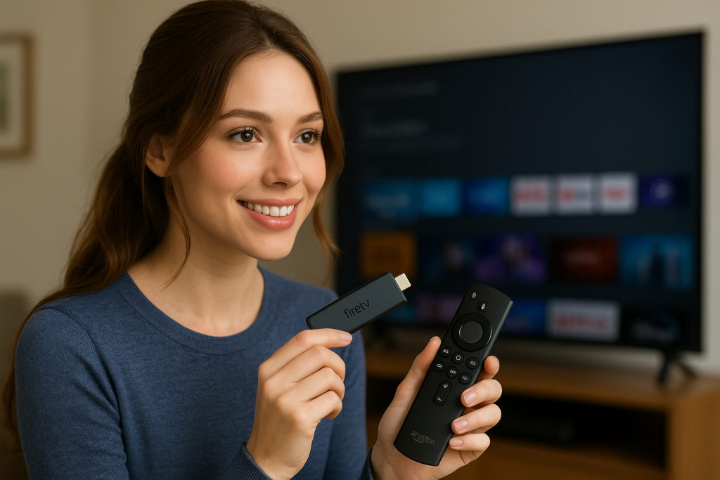 Jeune femme rousse utilisant un Fire TV Stick dans son salon moderne – image illustrant l’installation d’un appareil de streaming Amazon sur télévision.