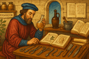 riche en mots-clés, par exemple :alt="Médecine médiévale : médecin du Moyen Âge étudiant un manuscrit, outils chirurgicaux et herboristerie sous une fenêtre gothique"