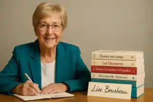 Lise Bourbeau souriante, stylo en main devant une pile de ses livres de développement personnel