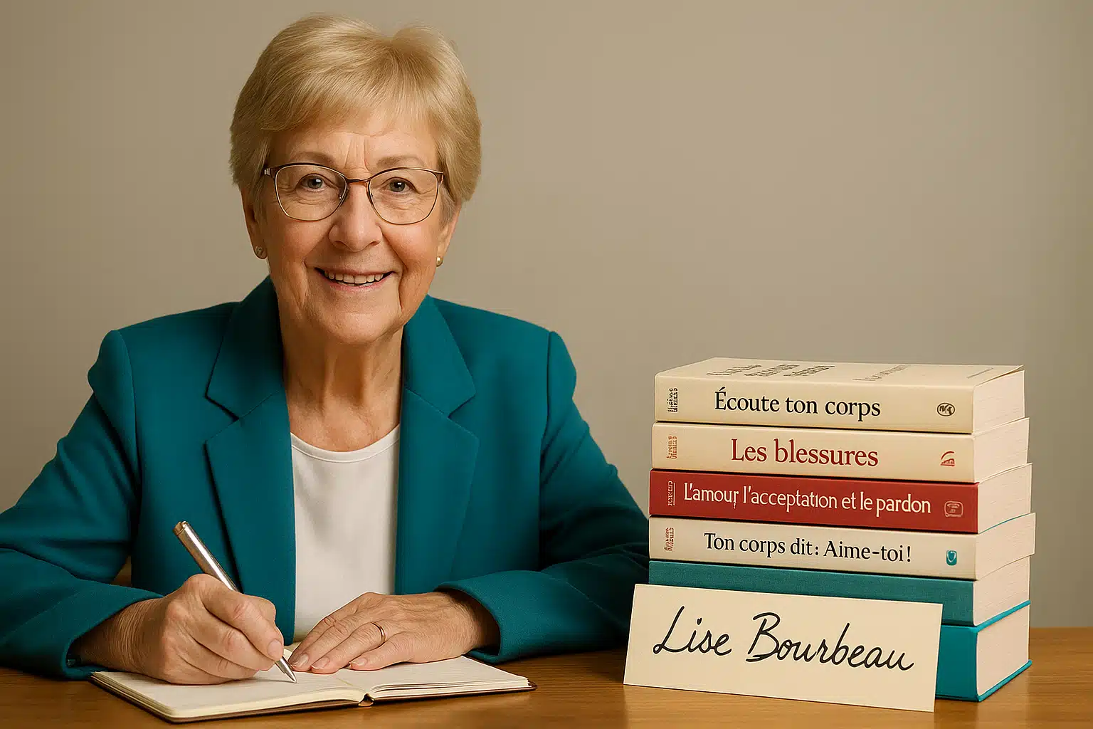 Lise Bourbeau souriante, stylo en main devant une pile de ses livres de développement personnel