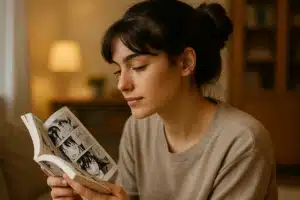 "Jeune fille brune avec chignon lisant un manga dans un cadre cosy et chaleureux, en format horizontal."