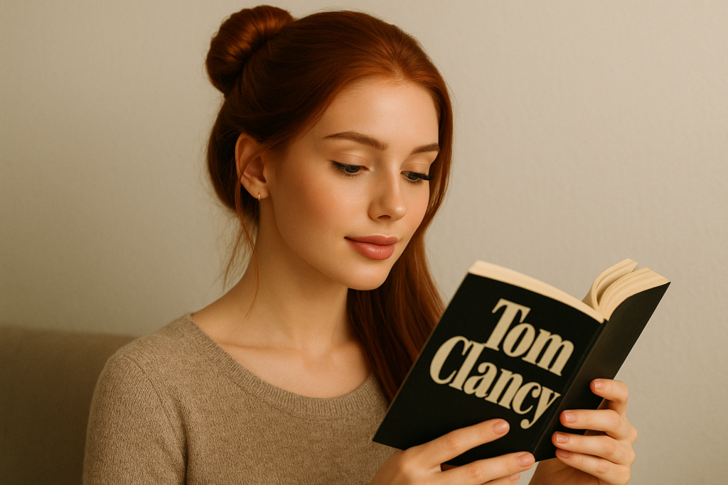Une jeune femme rousse lit un livre - Image illustrant les 7 meilleurs livres de Tom Clancy
