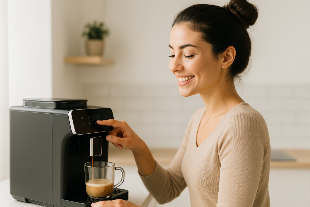 Jeune femme brune avec un chignon préparant un expresso avec une machine à café automatique