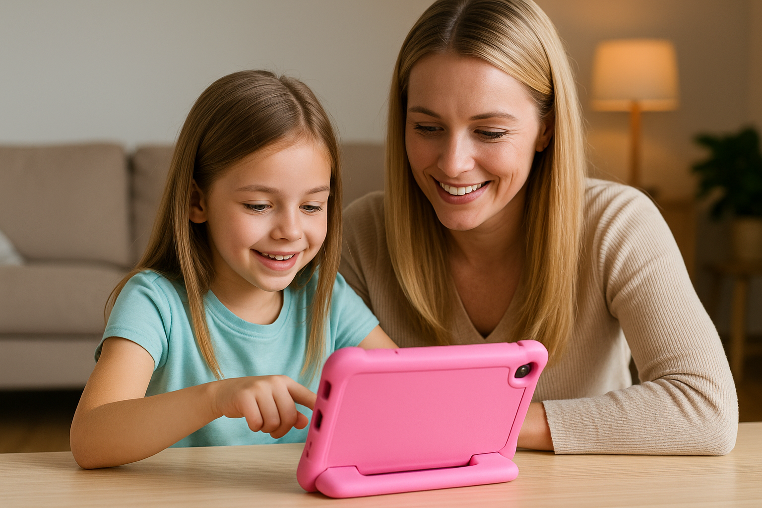 Une mère blonde et sa fille utilisant ensemble une tablette tactile pour enfant avec contrôle parental dans un salon chaleureux