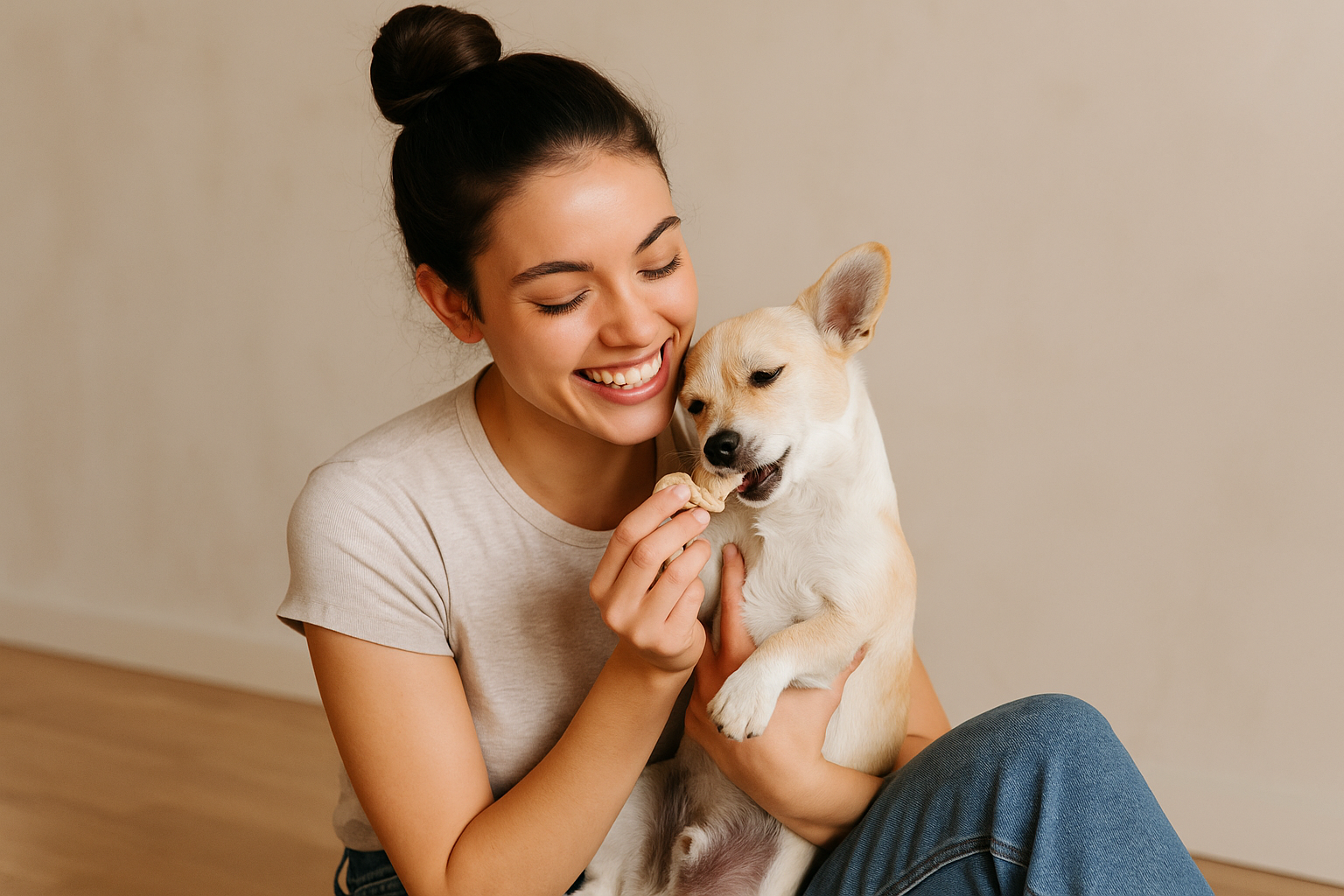 Jeune femme brune avec un chignon qui joue avec un petit chien dans un intérieur chaleureux - image optimisée pour SEO animalier et accessoire pour animaux