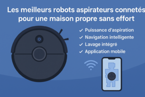 Illustration d’un robot aspirateur connecté avec smartphone et liste des fonctionnalités : puissance d’aspiration, navigation intelligente, lavage intégré, application mobile.