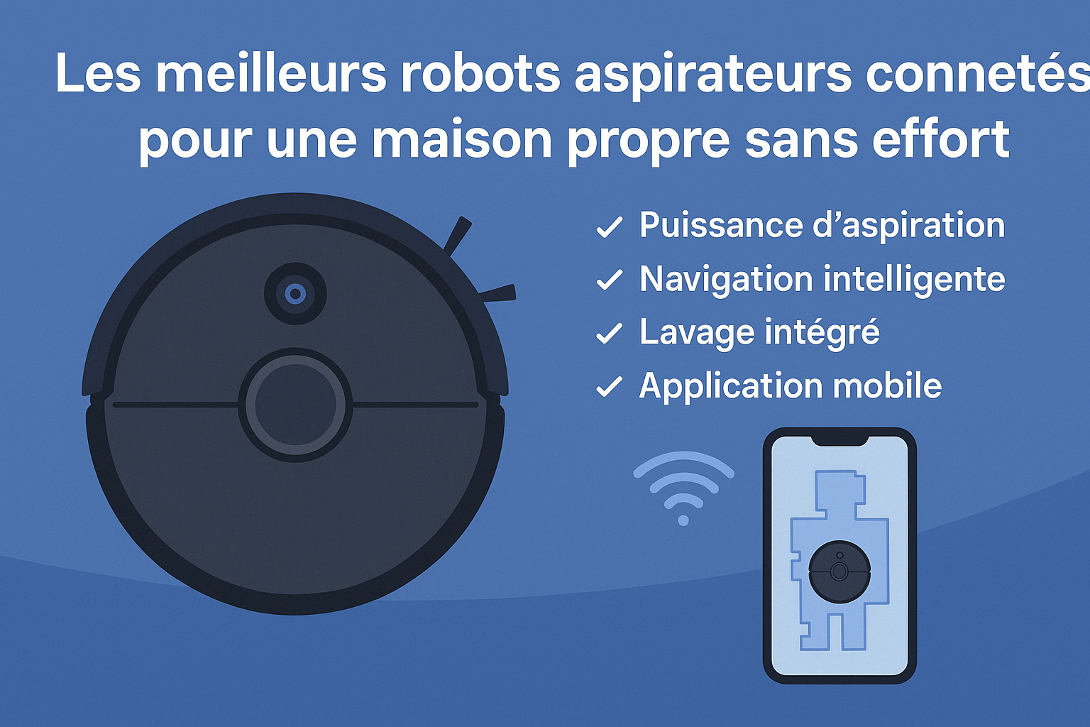 Illustration d’un robot aspirateur connecté avec smartphone et liste des fonctionnalités : puissance d’aspiration, navigation intelligente, lavage intégré, application mobile.