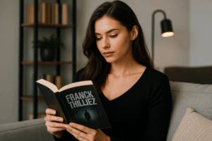 Jeune femme lisant un thriller de Franck Thilliez dans un salon moderne