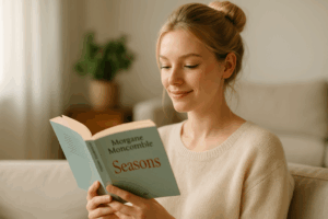 « Jeune femme blonde avec chignon lisant un livre de Morgane Moncomble »