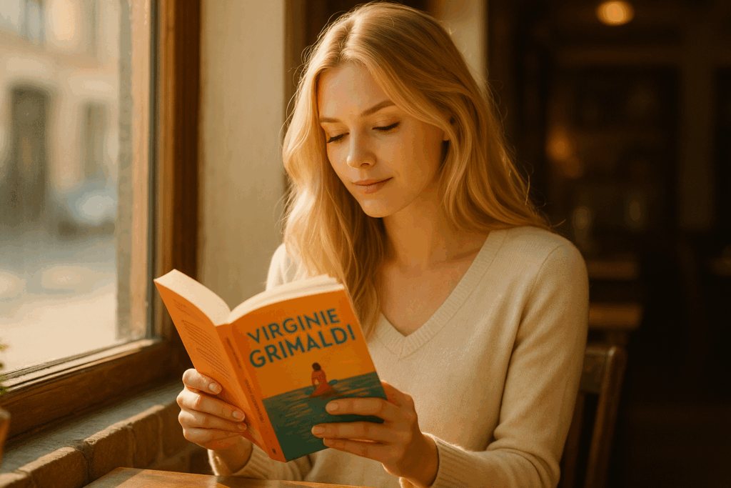 jeune femme blonde lisant un roman de Virginie Grimaldi dans un café ensoleillé