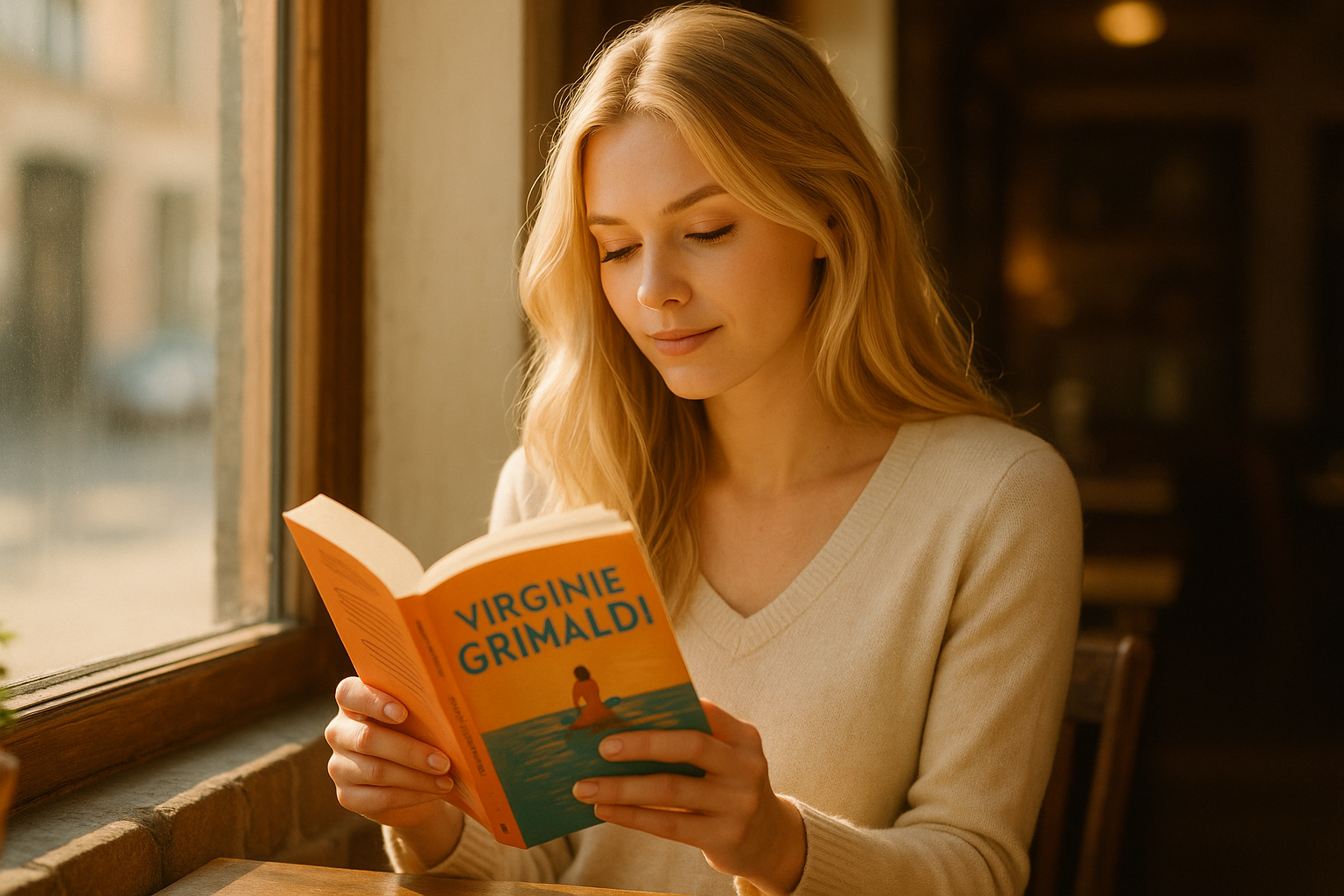 jeune femme blonde lisant un roman de Virginie Grimaldi dans un café ensoleillé