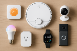 Image horizontale montrant un ensemble de gadgets intelligents pour maison connectée 2025, incluant thermostat, caméra, ampoule LED, assistant vocal et serrure connectée