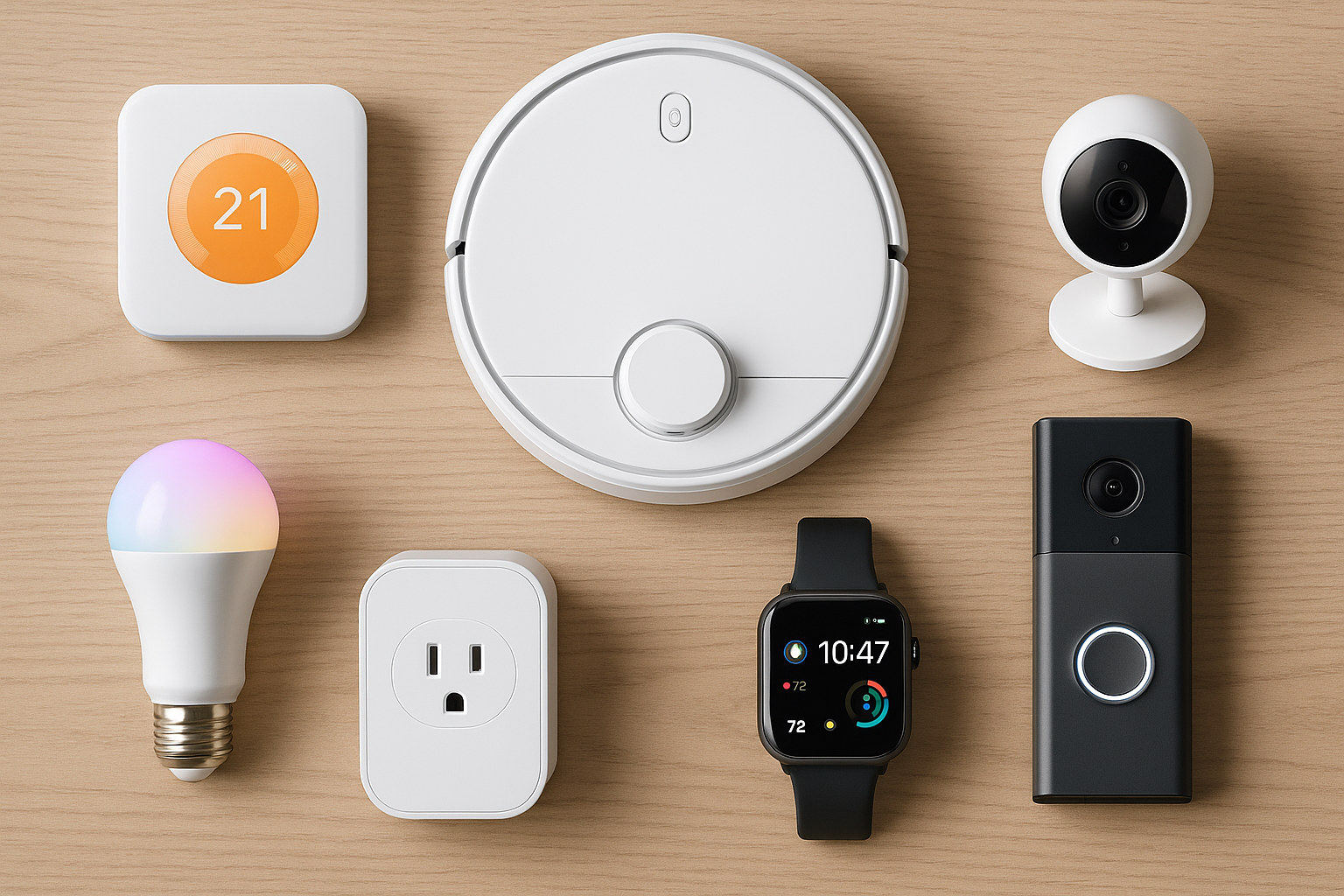 Image horizontale montrant un ensemble de gadgets intelligents pour maison connectée 2025, incluant thermostat, caméra, ampoule LED, assistant vocal et serrure connectée