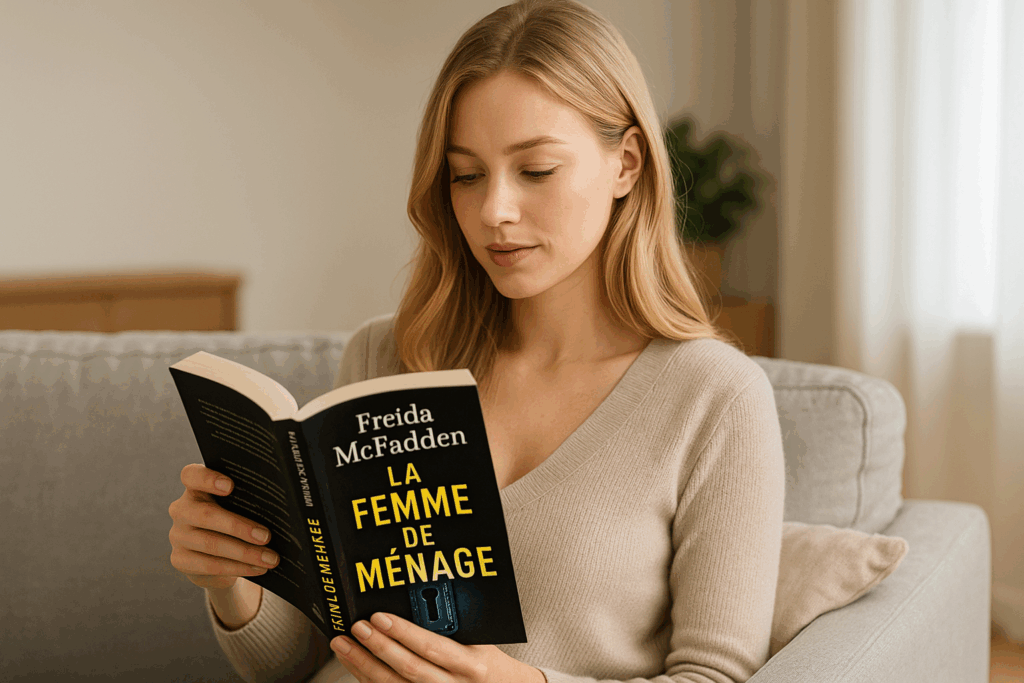 jeune femme qui lit un roman de Freida McFadden