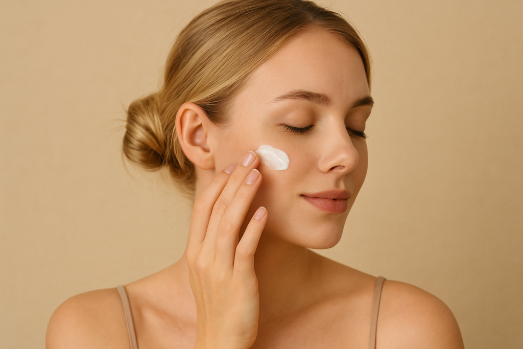 jeune-femme-blonde-applique-creme-visage-naturelle