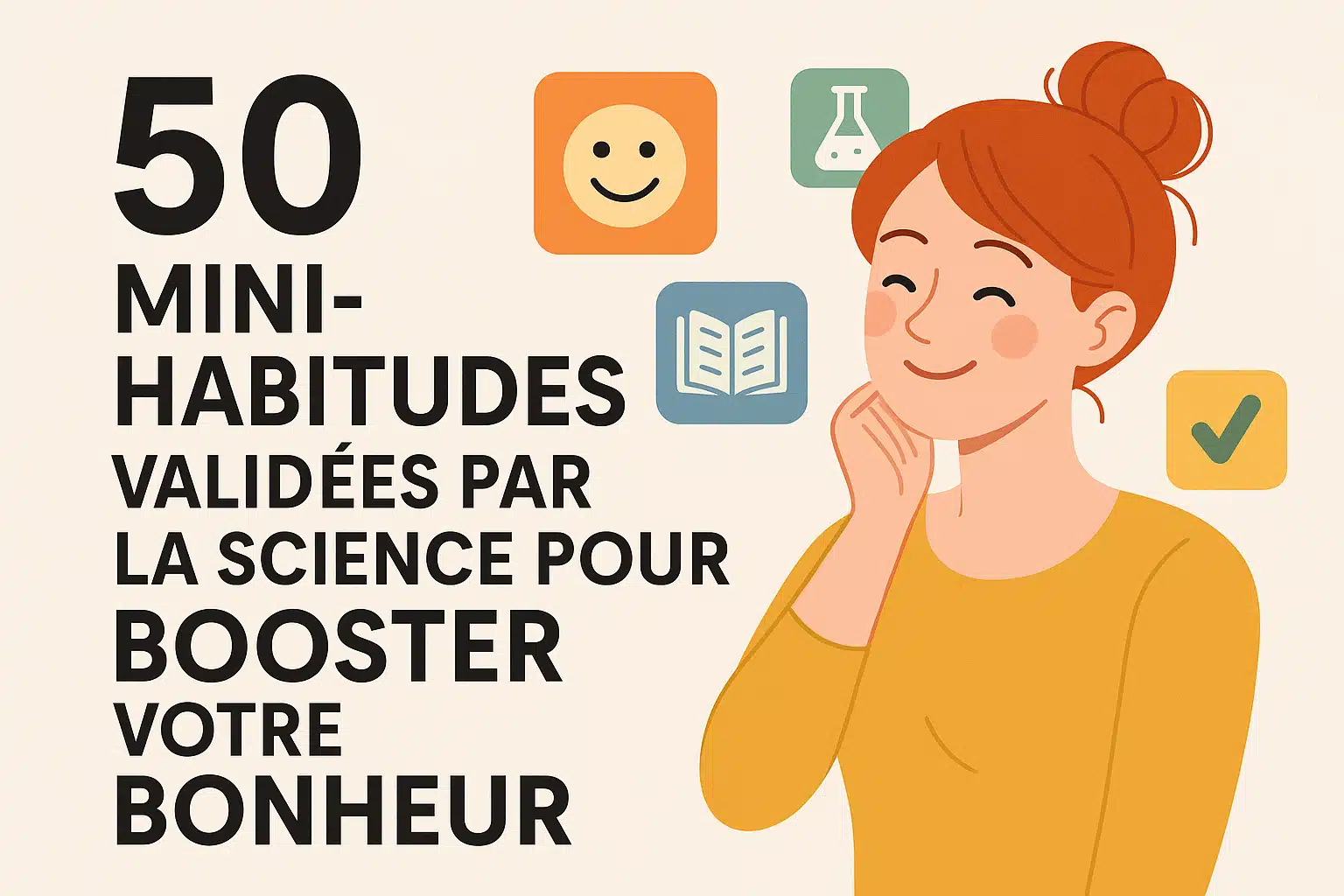 50-mini-habitudes-science-bonheur-femme-rousse.webp" alt="Jeune femme rousse souriante avec un chignon illustrant 50 mini-habitudes validées par la science pour booster votre bonheur
