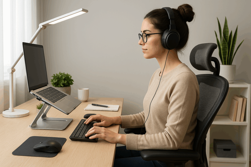 jeune-femme-teletravail-ergonomie-eclairage-casque.webp" alt="Jeune femme brune avec chignon utilisant des accessoires ergonomiques pour le télétravail : chaise, support PC, clavier, lampe LED et casque audio