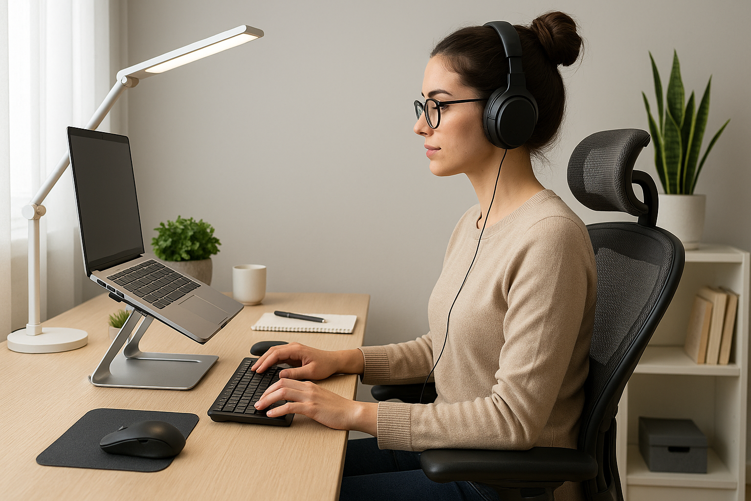 jeune-femme-teletravail-ergonomie-eclairage-casque.webp" alt="Jeune femme brune avec chignon utilisant des accessoires ergonomiques pour le télétravail : chaise, support PC, clavier, lampe LED et casque audio