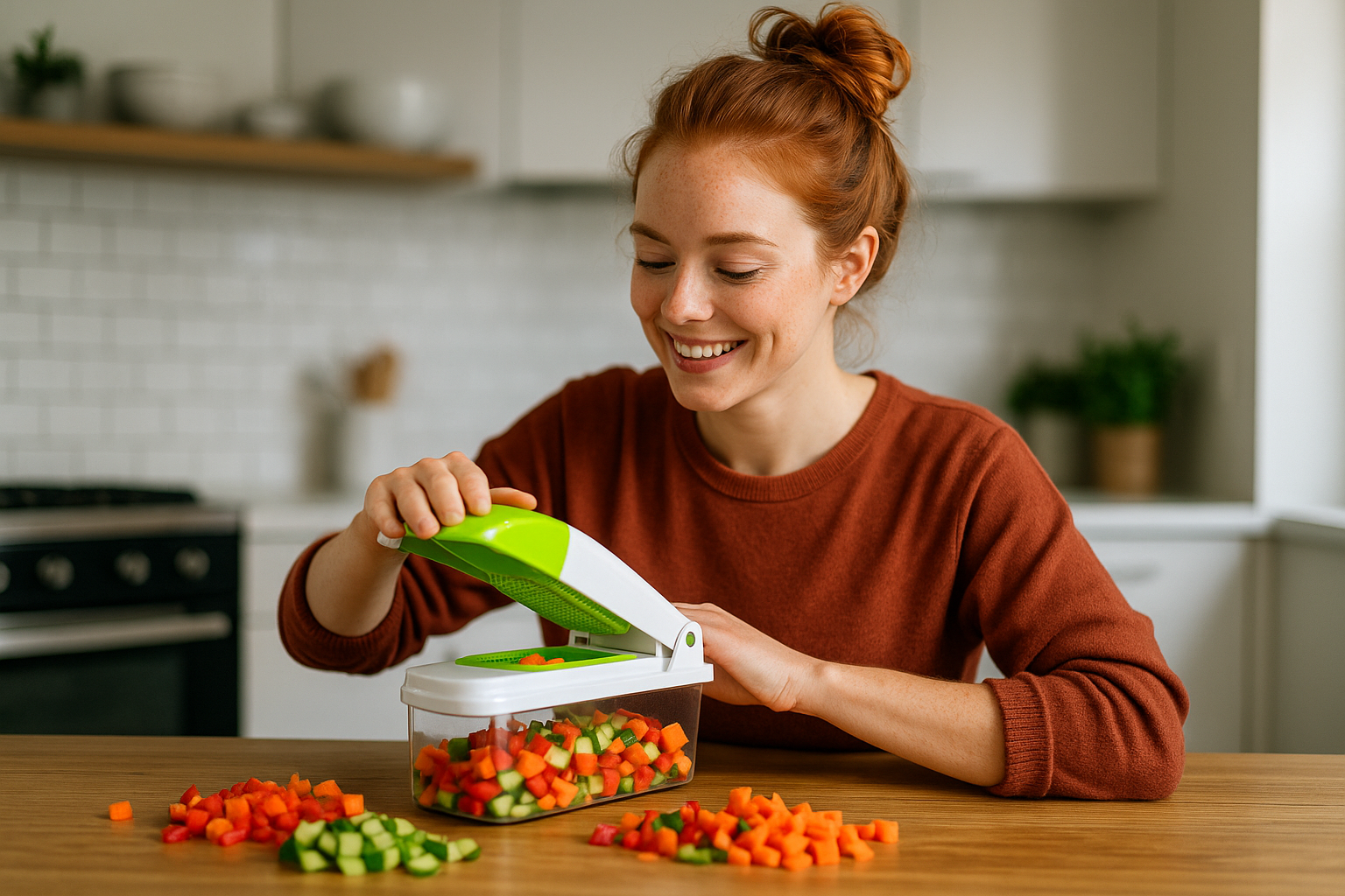 Jeune femme rousse avec un chignon utilisant le hachoir à légumes Fullstar dans une cuisine moderne