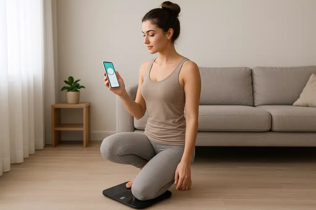 balance-connectee-femme-suivi-sante-domicile.jpg" alt="Jeune femme brune avec un chignon utilisant une balance connectée dans son salon pour suivre sa santé à domicile avec son smartphone