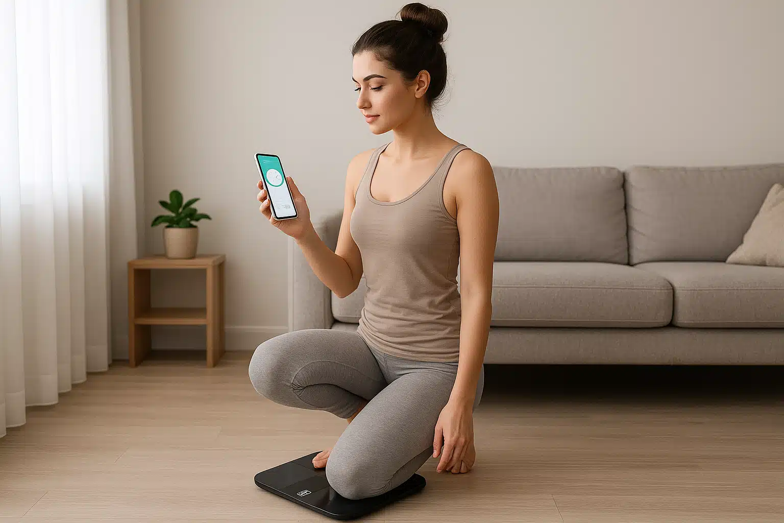 balance-connectee-femme-suivi-sante-domicile.jpg" alt="Jeune femme brune avec un chignon utilisant une balance connectée dans son salon pour suivre sa santé à domicile avec son smartphone