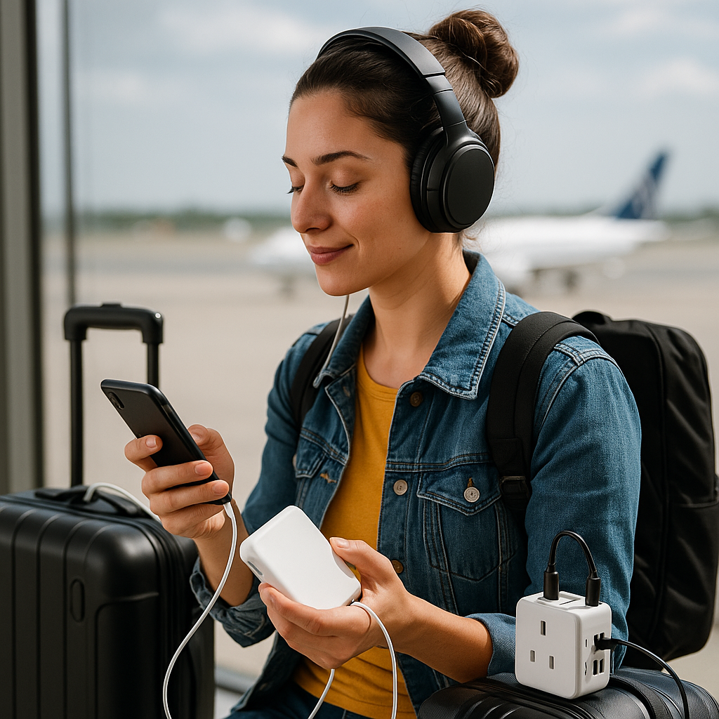 Jeune femme brune avec un chignon utilisant un casque antibruit, une batterie externe et un adaptateur universel dans un aéroport