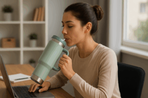 jeune-femme-utilise-gourde-isotherme-bureau.jpg" alt="Jeune femme brune avec un chignon buvant dans une gourde isotherme verte type Stanley Quencher à son bureau, à côté d’un ordinateur portable