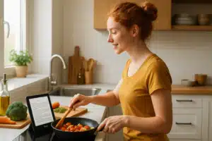 Jeune femme rousse au chignon préparant un plat sain tout en lisant une recette sur sa liseuse Kindle dans une cuisine lumineuse