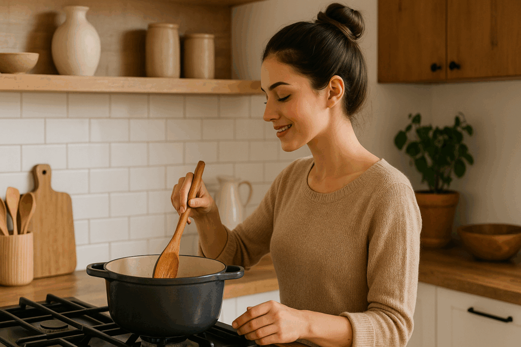 Jeune femme brune avec un chignon qui cuisine dans une cuisine chaleureuse, utilisant une spatule en bois naturelle dans une cocotte noire.