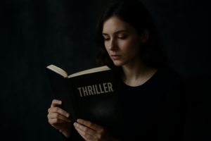 Jeune femme lisant un thriller dans une ambiance sombre, illustrant les meilleurs livres de Karine Giébel