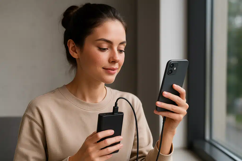 jeune femme utilisant une batterie externe universelle pour console, smartphone et avion