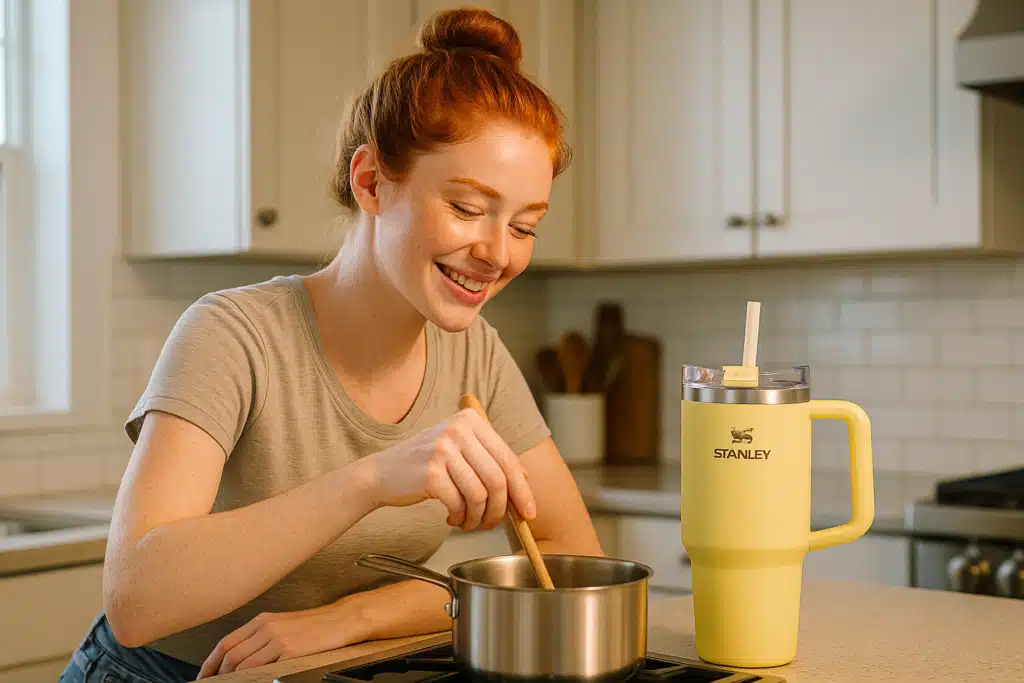 Jeune femme rousse préparant un plat dans une cuisine moderne avec le gobelet isotherme Stanley Quencher H2.0 FlowState couleur Lemonade