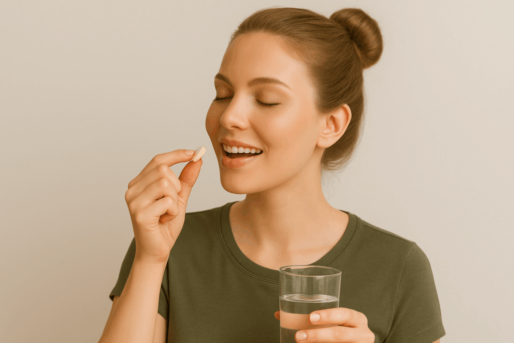 Jeune femme blonde avec chignon qui prend un complément alimentaire naturel pour lutter contre la fatigue