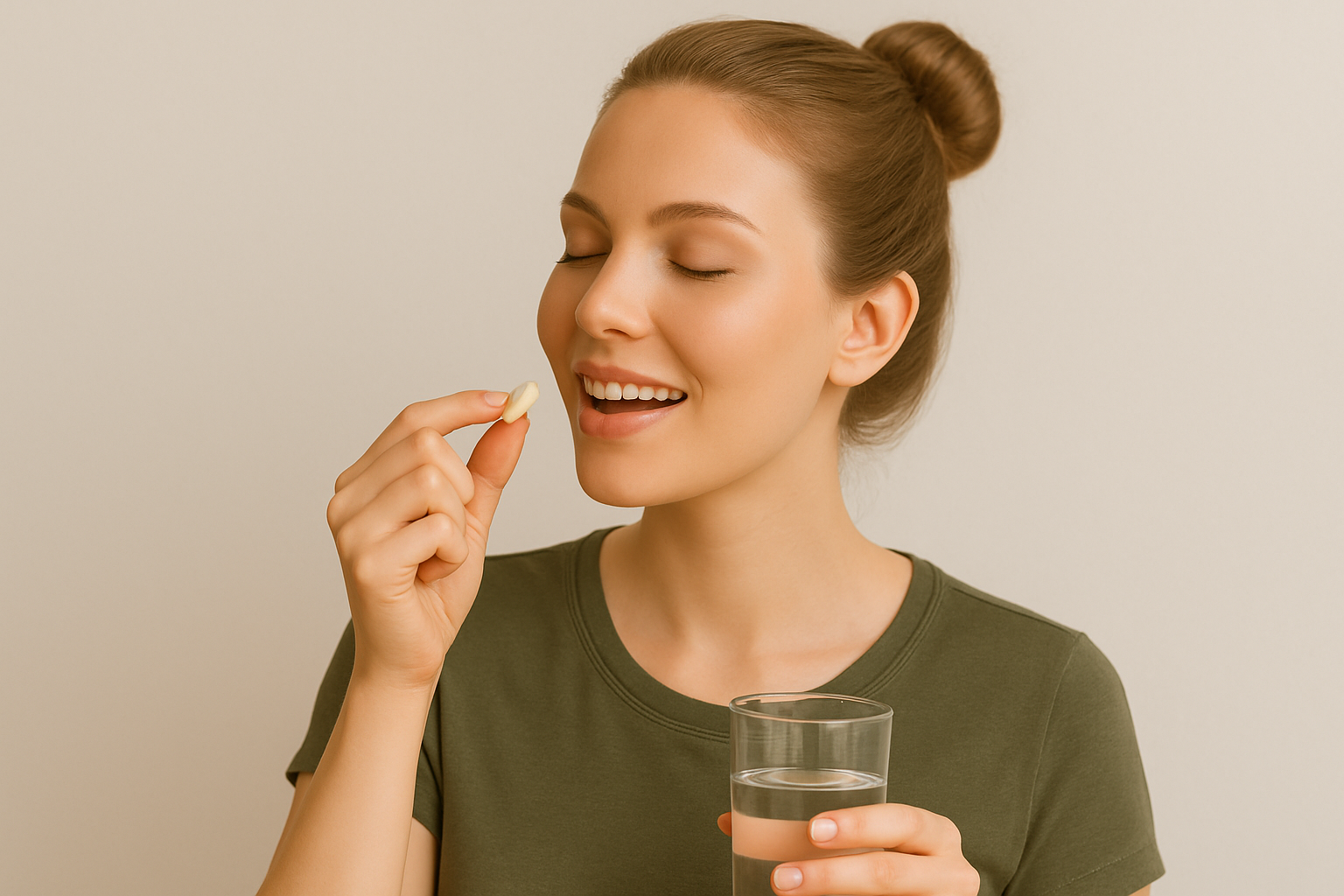 Jeune femme blonde avec chignon qui prend un complément alimentaire naturel pour lutter contre la fatigue