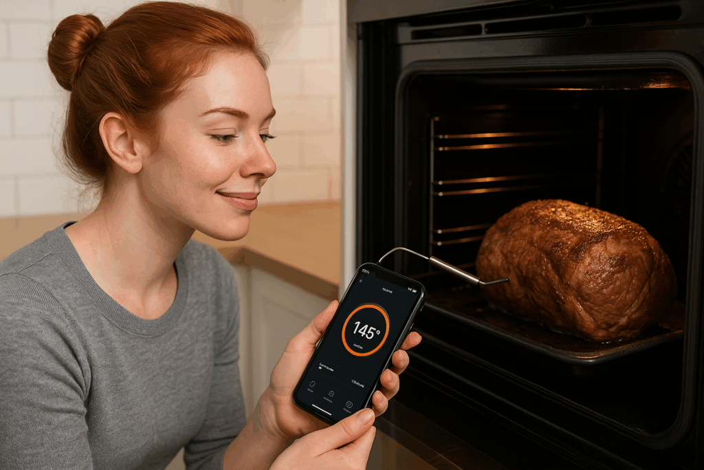 Jeune femme rousse avec chignon surveille la température d’un rôti avec un thermomètre à viande sans fil connecté via smartphone
