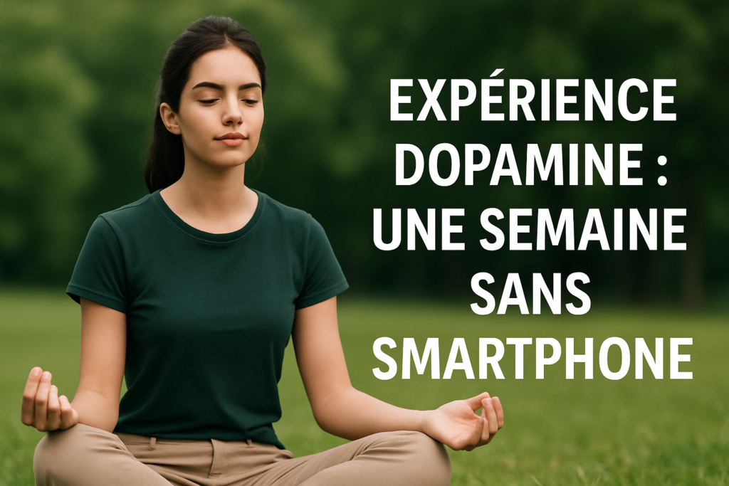 Jeune femme brune méditant dans un parc, expérimentant une semaine sans smartphone pour booster sa dopamine naturellement.