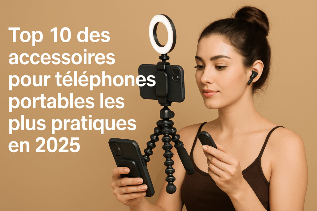 Jeune femme brune avec chignon utilisant les accessoires pour téléphone portable en 2025 : trépied, anneau lumineux, écouteurs sans fil et télécommande Bluetooth