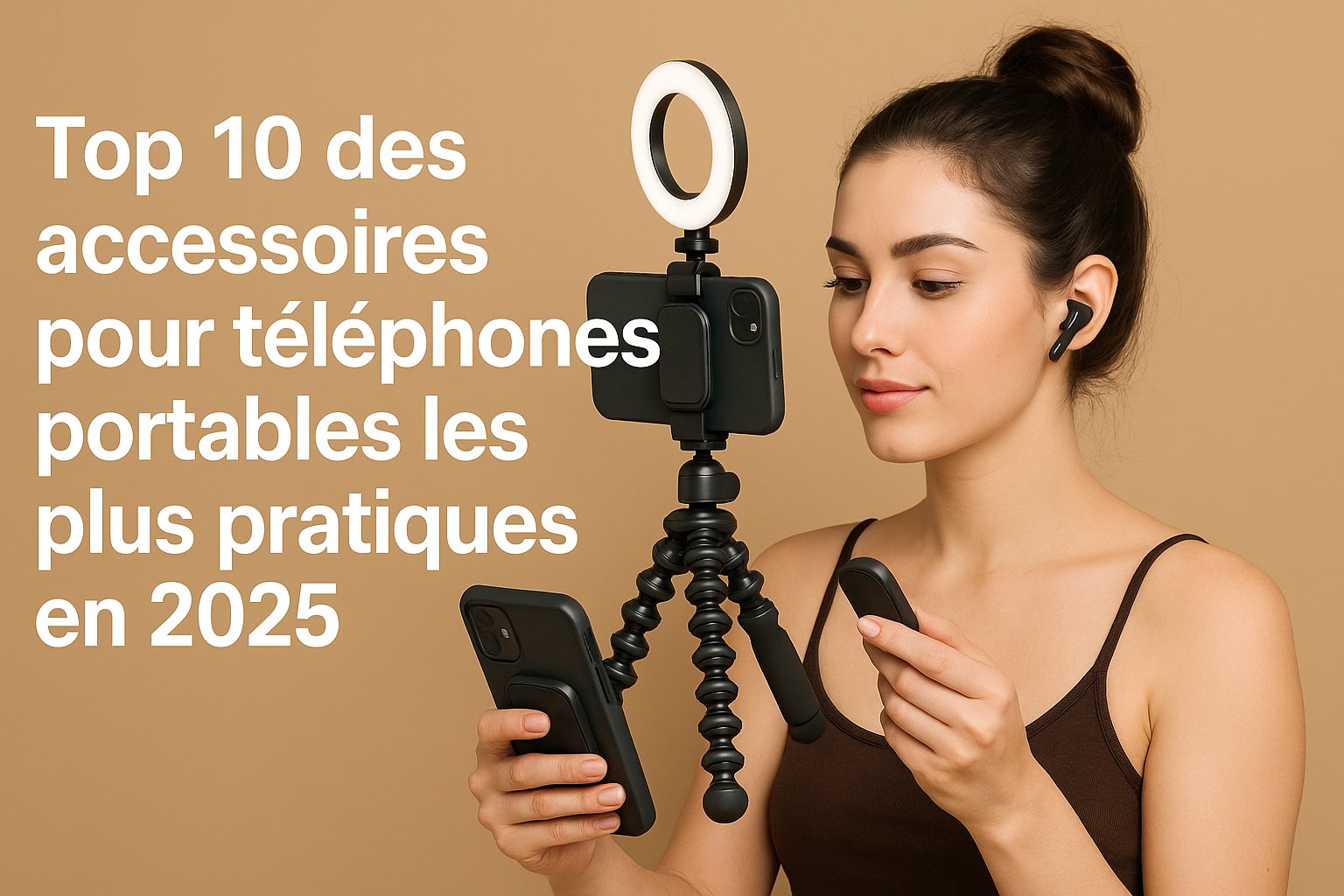 Jeune femme brune avec chignon utilisant les accessoires pour téléphone portable en 2025 : trépied, anneau lumineux, écouteurs sans fil et télécommande Bluetooth
