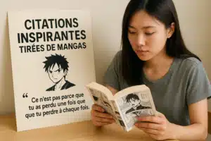 Jeune femme asiatique lisant un manga à une table, à côté d'une affiche avec une citation inspirante : Ce n’est pas parce que tu as perdu une fois que tu vas perdre à chaque fois.