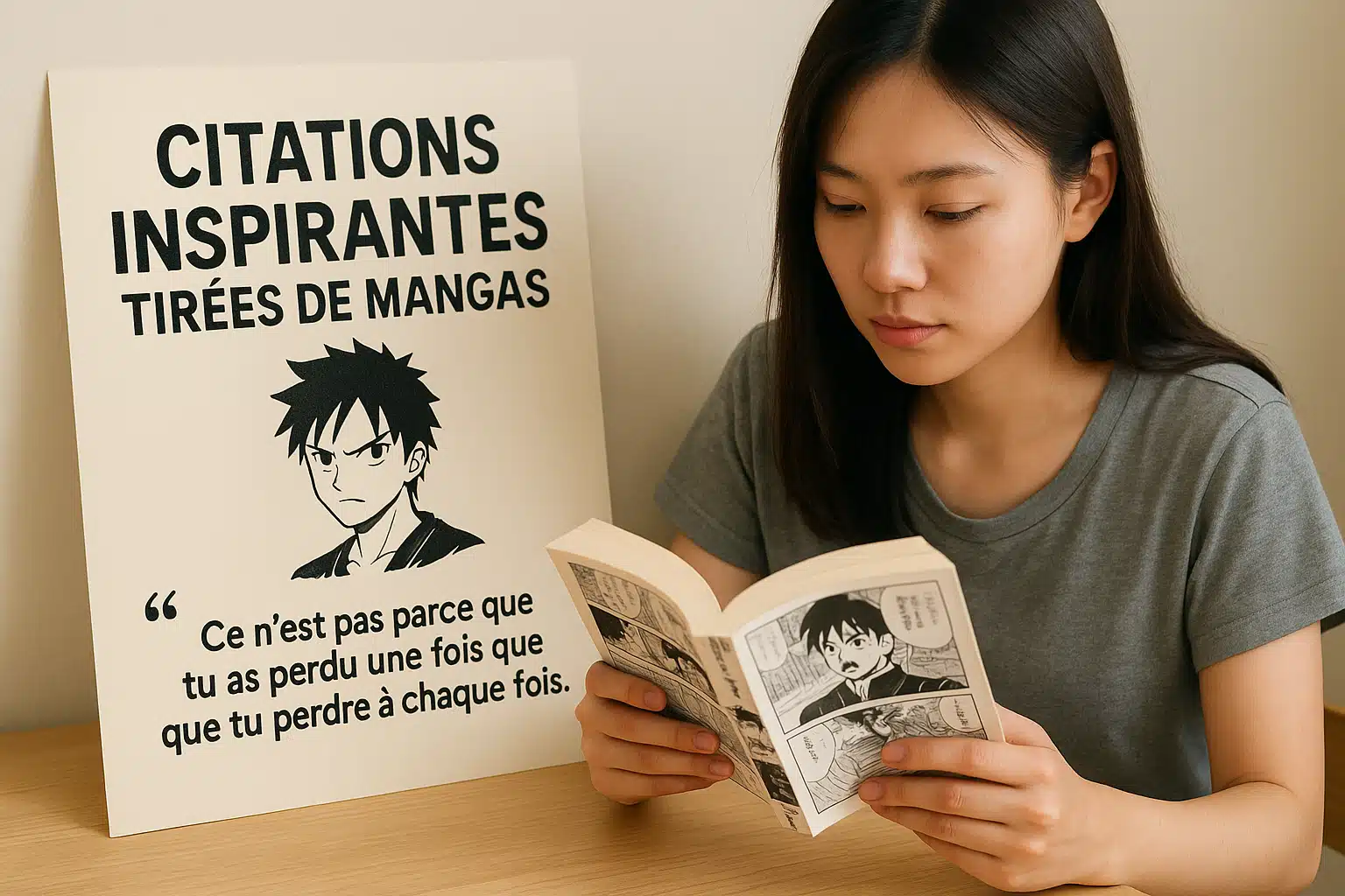 Jeune femme asiatique lisant un manga à une table, à côté d'une affiche avec une citation inspirante : Ce n’est pas parce que tu as perdu une fois que tu vas perdre à chaque fois.
