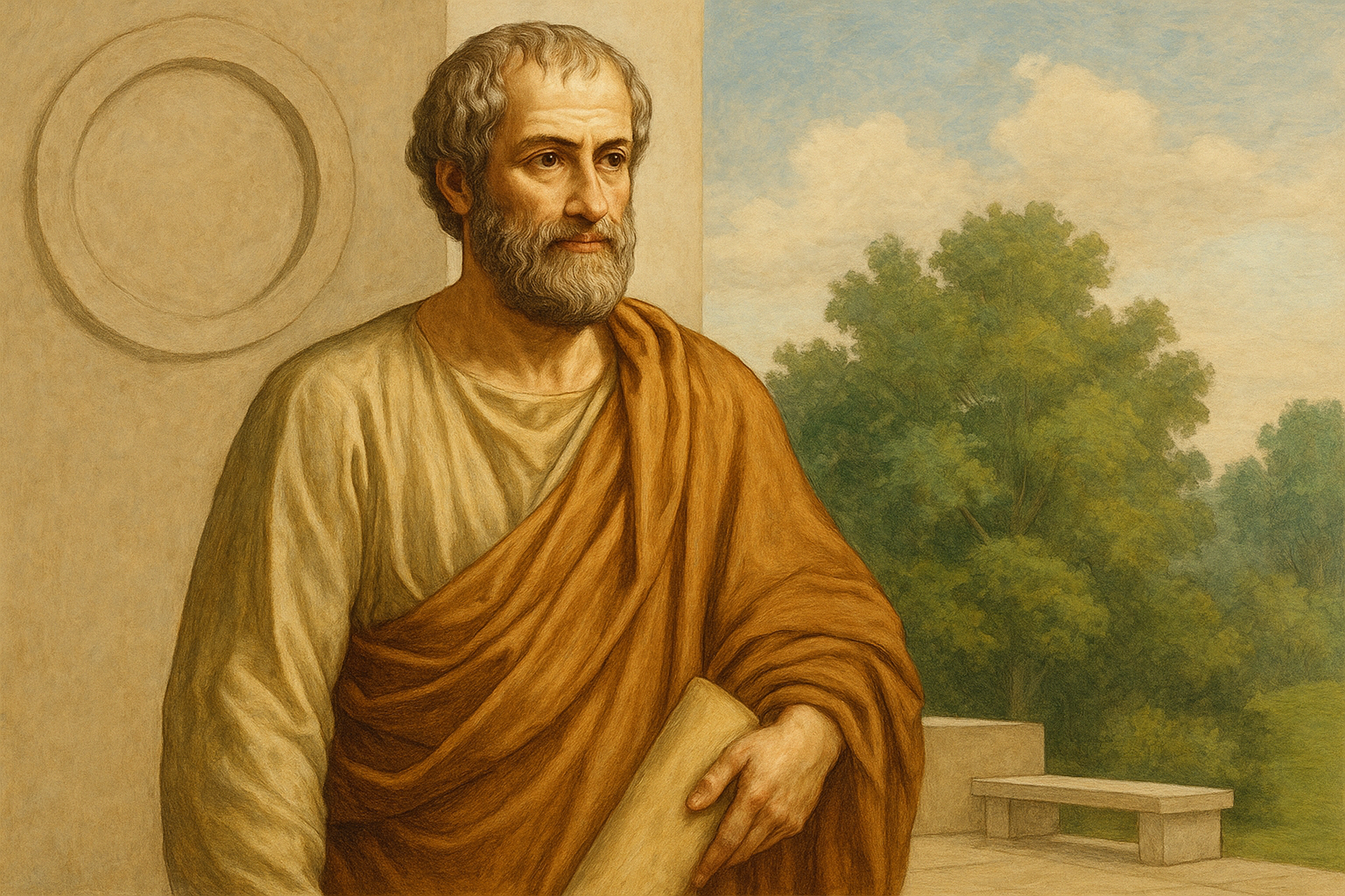 Portrait d’Aristote, philosophe grec de l’Antiquité, tenant un parchemin, illustrant la notion de bonheur ou eudaimonia dans un cadre naturel apaisant