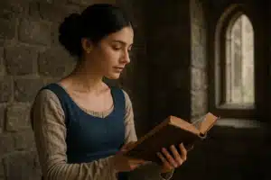 Jeune femme brune en tenue médiévale lisant un livre ancien dans un château en pierre, lumière douce entrant par une fenêtre gothique