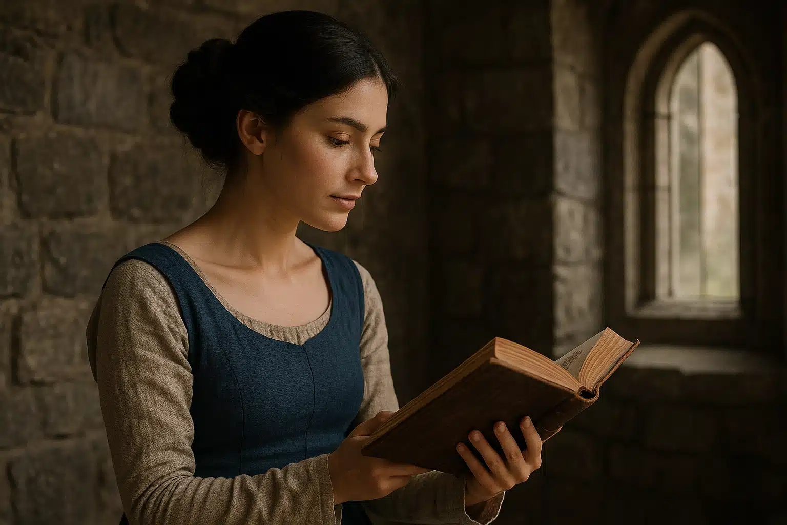 Jeune femme brune en tenue médiévale lisant un livre ancien dans un château en pierre, lumière douce entrant par une fenêtre gothique